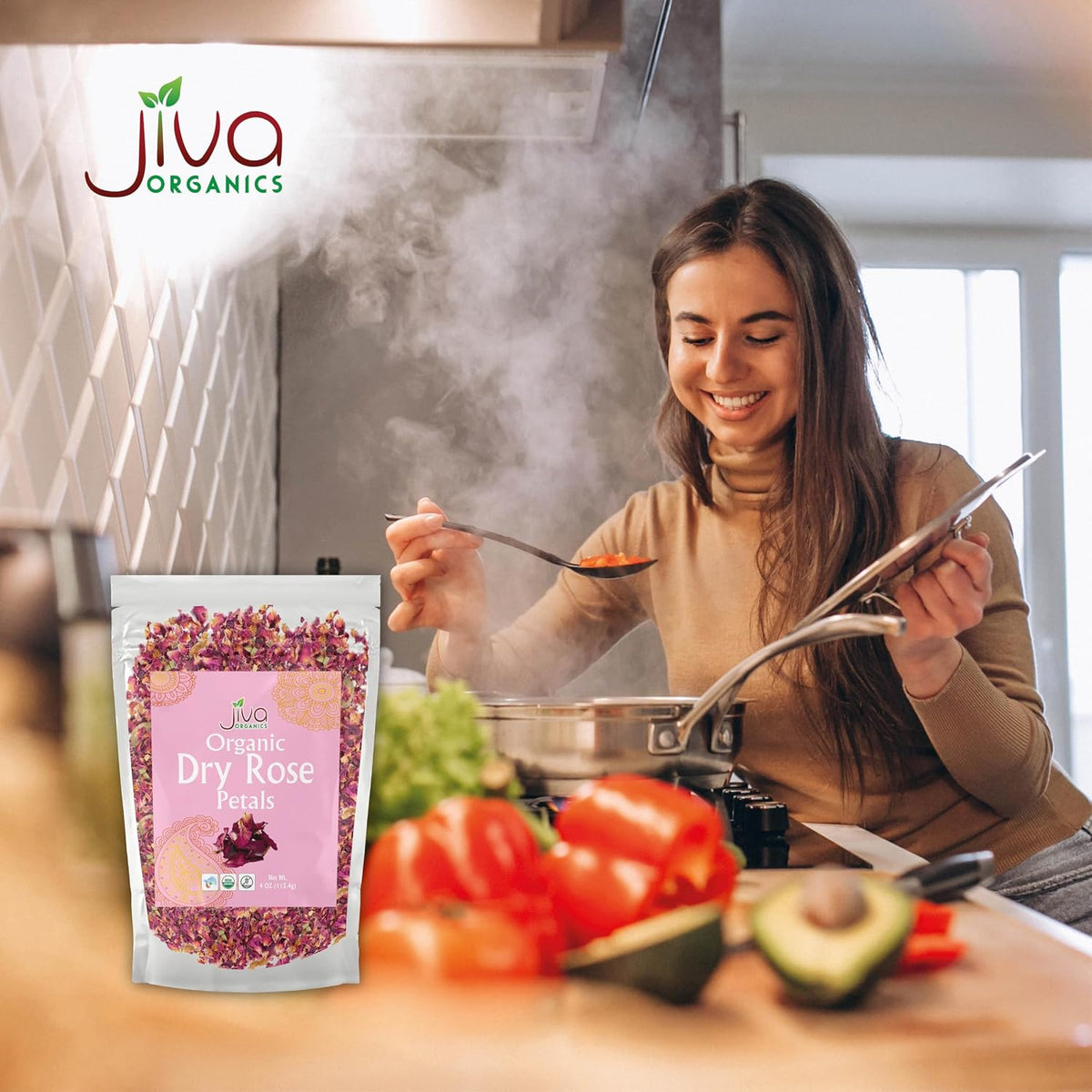 Jiva Organics Dried Red Rose Petals 4 Oz Bag - Non-GMO, USDA Organic, Food Grade, Edible Flowers - Use in Tea, Baking, Making Rose Water, Crafting, Wedding Confetti