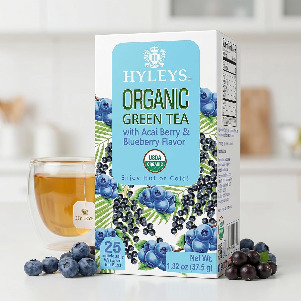Hyleys Organic Green Tea, Acai & Blueberry Flavor, Natural, 25 Tea Bags