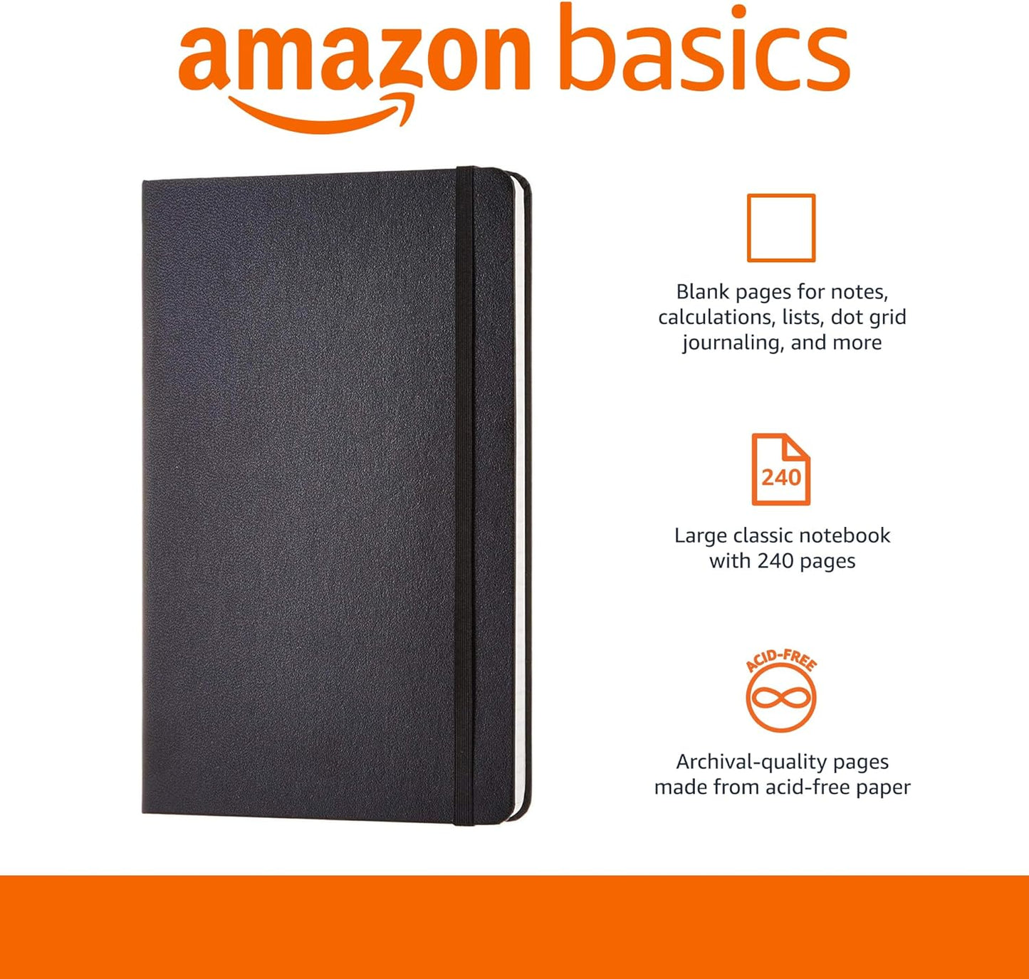 Amazon Basics Classic Lined Writing Notebook for Note Taking and Journaling, Hardcover with Elastic Closure, 240 Pages, 5" x 8.25", Black