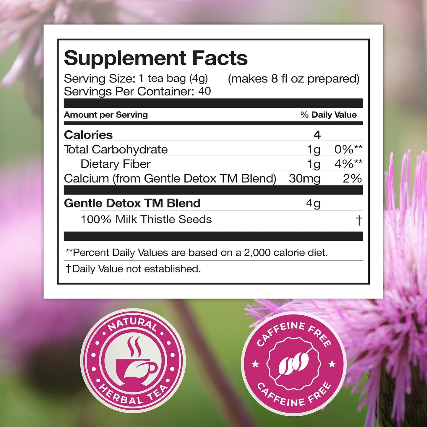 Total Tea 100% Natural Milk Thistle Seeds Tea for Liver Cleanse, Fruit Tea, Digestive Health and Immune System Support - 40 Count