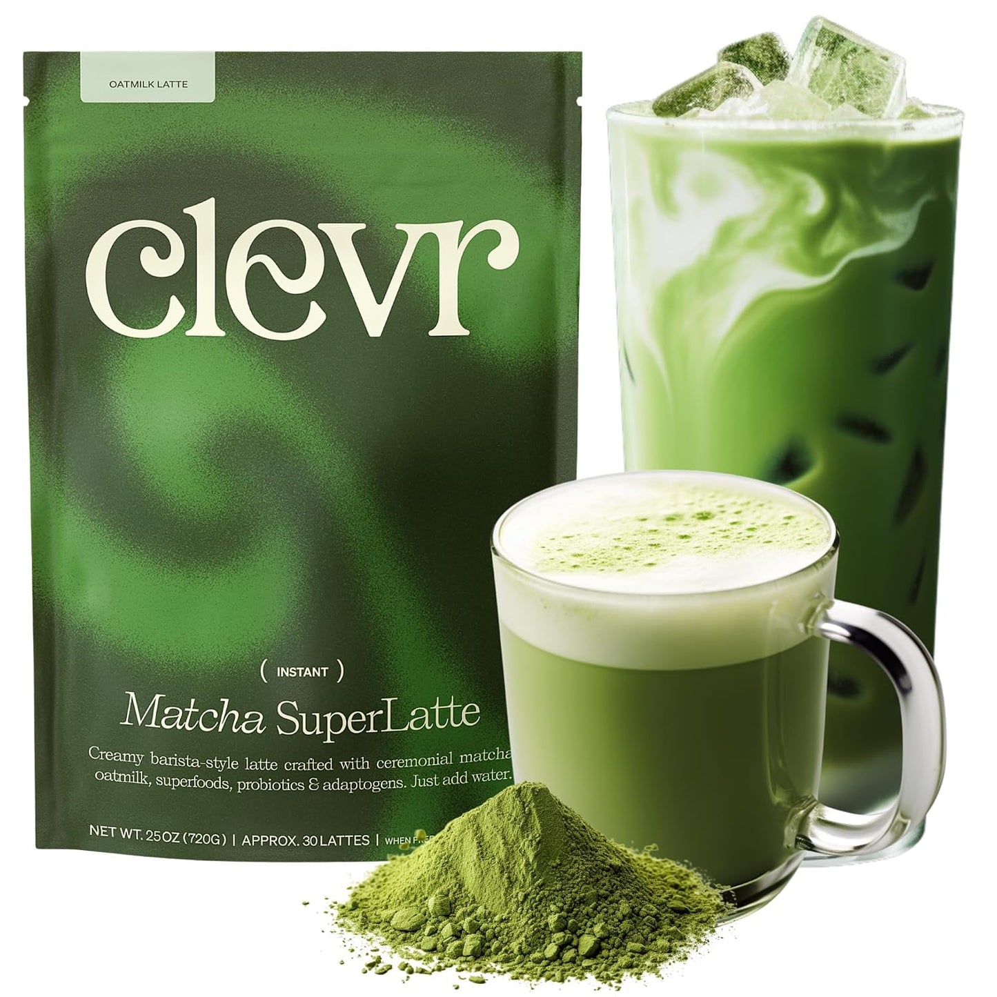 Clevr Pistachio Matcha SuperLatte, Organic Ceremonial Grade, Instant Superfood Powder Blend with Lions Mane, Reishi Mushroom, Coconut Cream, Ashwagandha, Serve Hot or Iced (14 Lattes)