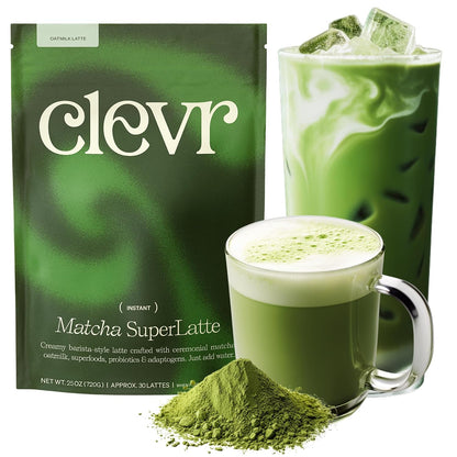 Clevr Pistachio Matcha SuperLatte, Organic Ceremonial Grade, Instant Superfood Powder Blend with Lions Mane, Reishi Mushroom, Coconut Cream, Ashwagandha, Serve Hot or Iced (14 Lattes)