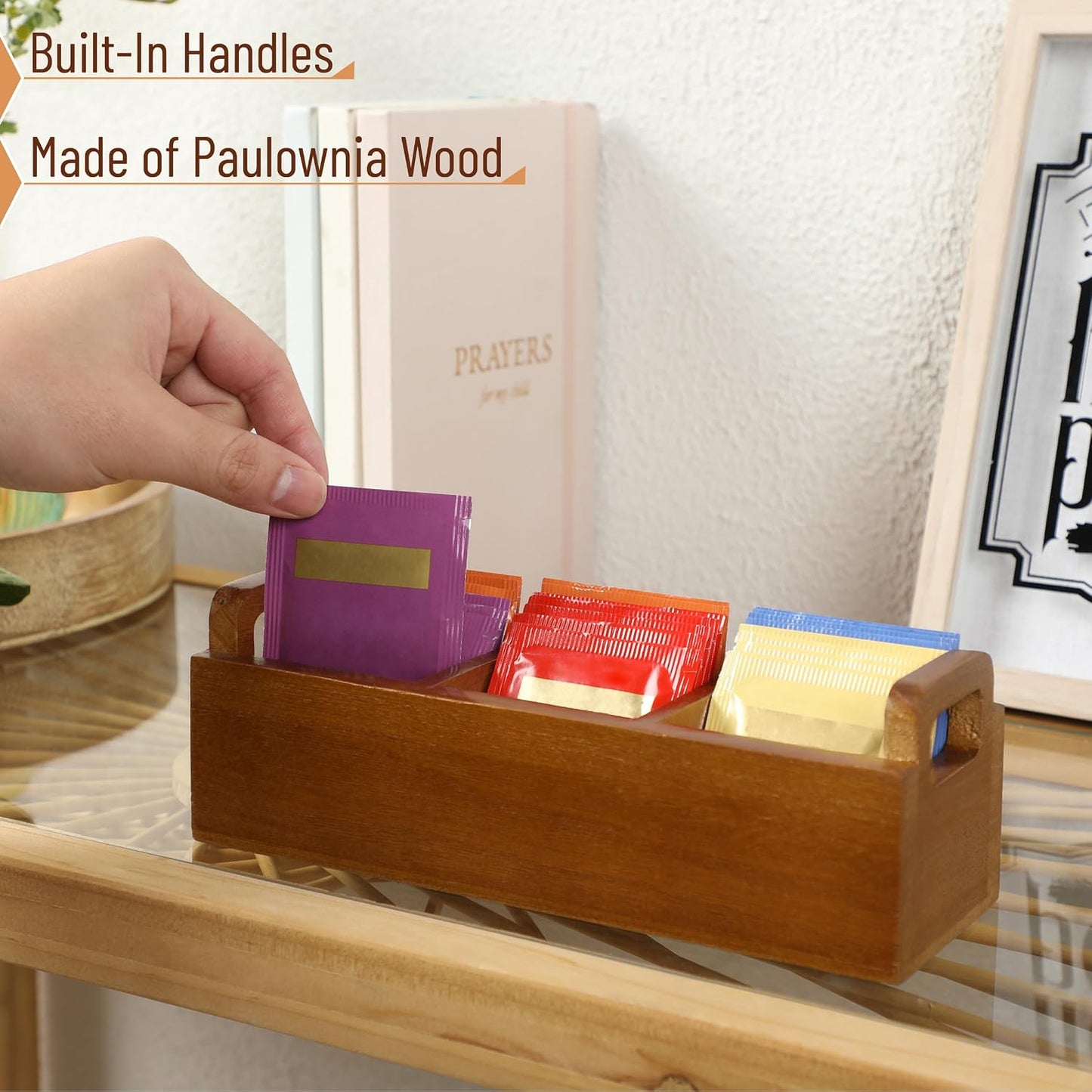 BAMBOO LAND- Small Wooden Tea Bag Organizer, 3 Slot Small Wooden Tea Bag Holder for Countertop, Storage Caddy Box for Tea Packets, Sugar Packet Holder, Kitchen Accessory for Home, Office, Coffee Bar