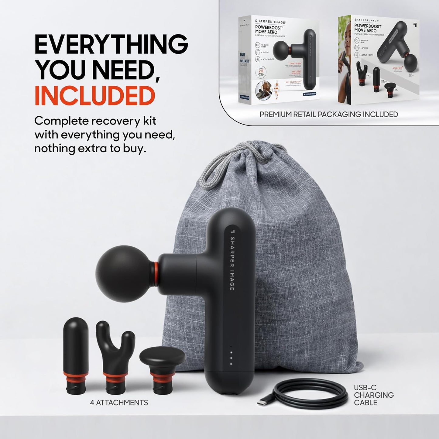 Sharper Image Deep Tissue Percussion Massage Gun, Powerboost Move Evo Hot & Cold Rechargeable Handheld Massager, 4 Adjustable Speeds, 5 Attachment Heads & Carrying Case, for Muscle Pain Relief, Blue