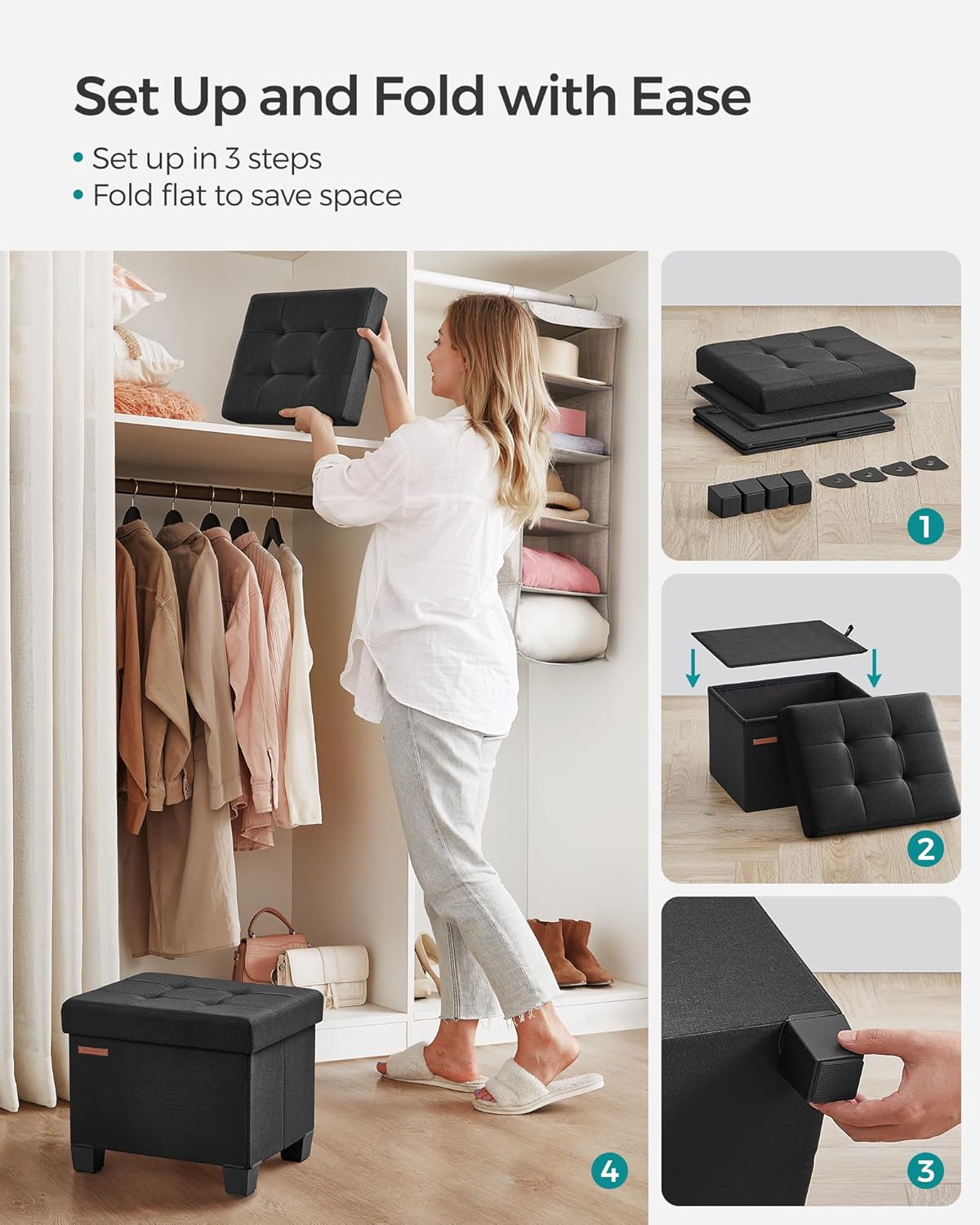 SONGMICS Storage Ottoman, Small Ottoman Foot Rest with Legs, 12.6 x 15.7 x 13.2 Inches Foot Stool, Load up to 660 lb, for Living Room, Bedroom, Dorm, Slate Gray ULSF012G01