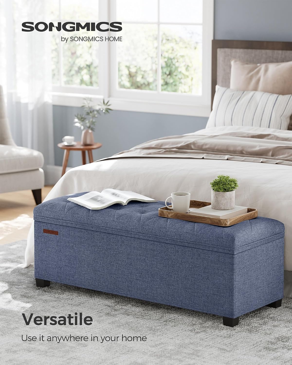 SONGMICS Storage Ottoman Bench, Foot Rest with Legs, 15.7 x 43.3 x 15.7 Inches, End of Bed Bench, Storage Chest, Load up to 660 lb, for Living Room, Bedroom, Entryway, Dark Gray ULSF088G01