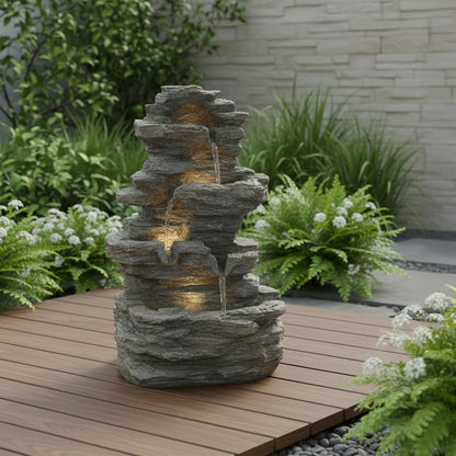 Pure Garden Tabletop Cascading Rock Waterfall Fountain with Lights, Gray