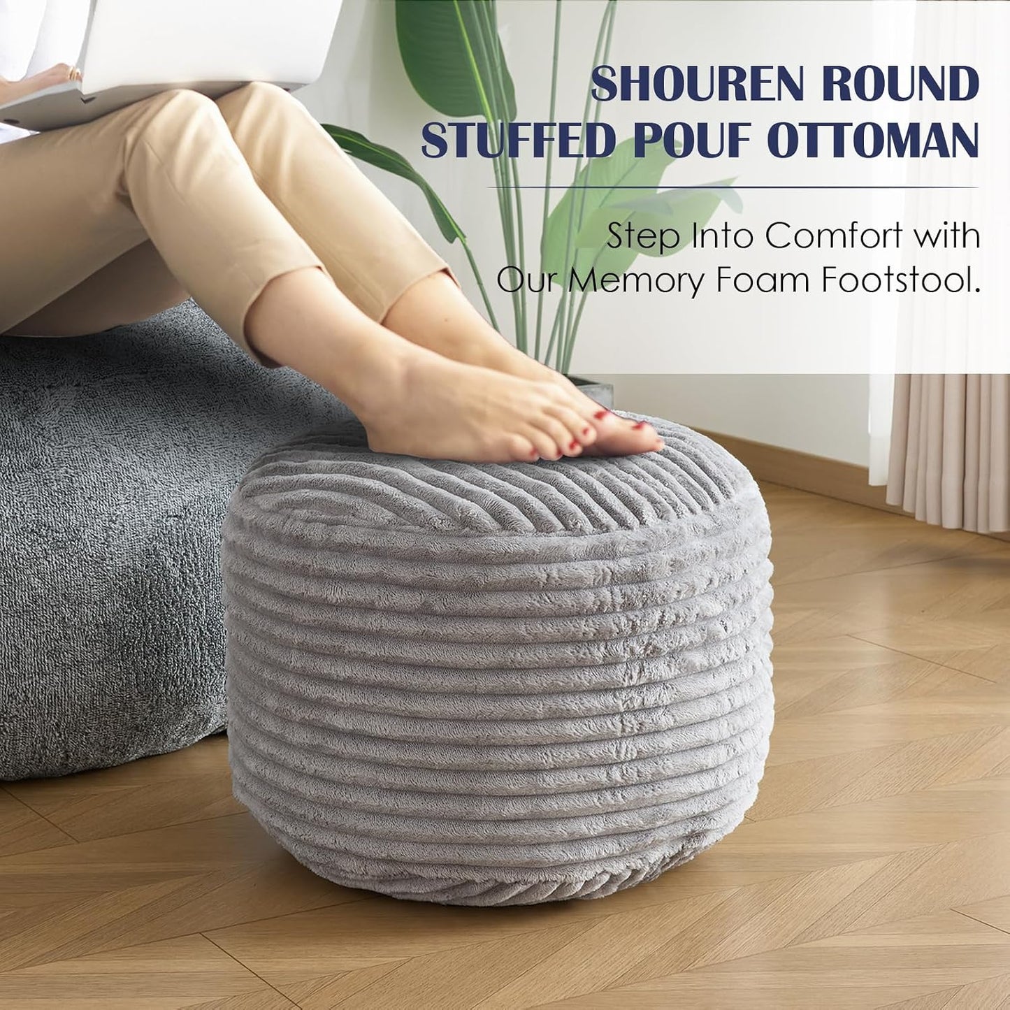 SHOUREN Stuffed Round Ottoman,Corduroy Pouf Ottoman Foot Rest with Foam Filling,Pouf Storage Ottoman Footstool for Living Room,20 X 15 Floor Poufs for Couch,Footrest Only - 20 X 15 Inches,Beige