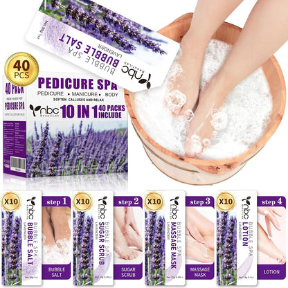 Pedicure Kit Foot Soak Set: Bubble Salt, Sugar Scrub, Massage Mask, Massage Lotion in a Box, 4 Step Foot Spa Kit for Dry Feet, Softens Calluses, Tired Feet（3 Set Lavender) - Colors A