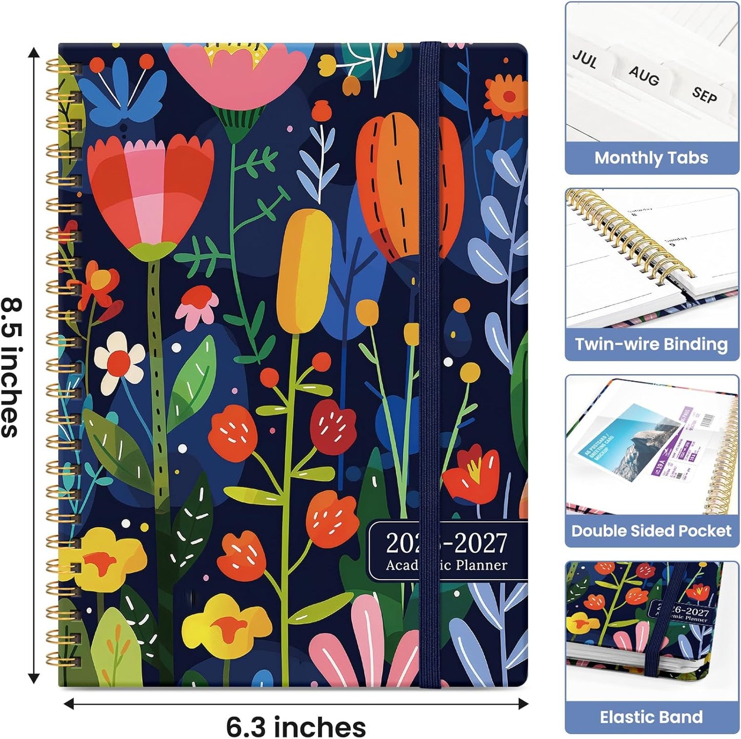 Planner 2026-2027, Academic Monthly and Weekly Calendar Planner for Women, July 2026 - June 2027, Hardcover Pretty Agenda Planner Book with Tabs, Spiral Daily Organizer for School Office Home Supplies, 6.3" x 8.5" - Blue Floral
