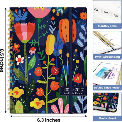 Planner 2026-2027, Academic Monthly and Weekly Calendar Planner for Women, July 2026 - June 2027, Hardcover Pretty Agenda Planner Book with Tabs, Spiral Daily Organizer for School Office Home Supplies, 6.3" x 8.5" - Blue Floral