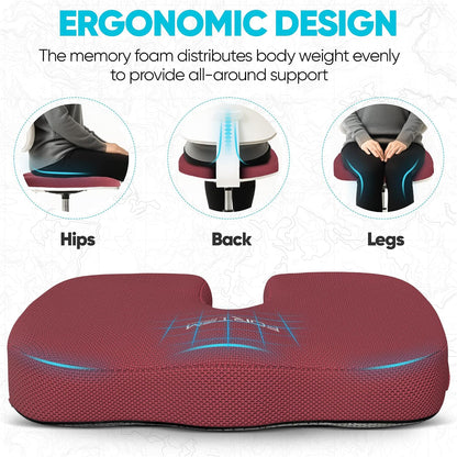 FORTEM Seat Cushion, Office Chair Cushion, Memory Foam Car Seat Cushions, Sciatica Coccyx Tailbone Pain Relief, Chair Cushions for Back Support, Sitting Pad for Gaming, Washable Cover, Non Slip