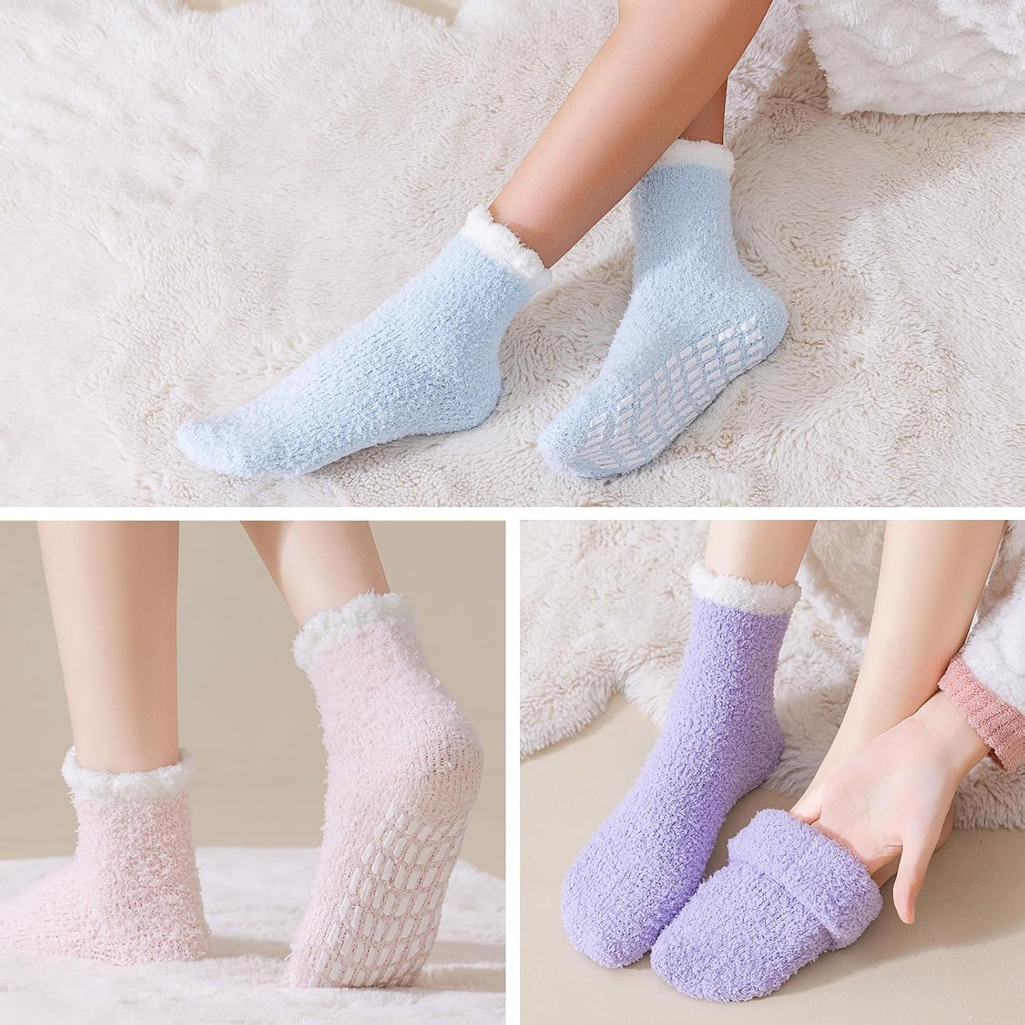 5 Pairs Fuzzy Socks with Grips for Women, Non Slip Cozy Fluffy Soft Socks, Winter Sleep Slipper Hospital