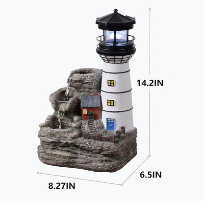 Tolevoit Indoor Tabletop Water Fountain, Mediterranean Coastal Lighthouse Waterfall with Blue LED Light, Relaxing Zen Desk Fountain for Office & Bedroom, Nautical Home Decor Stress Relief Gift