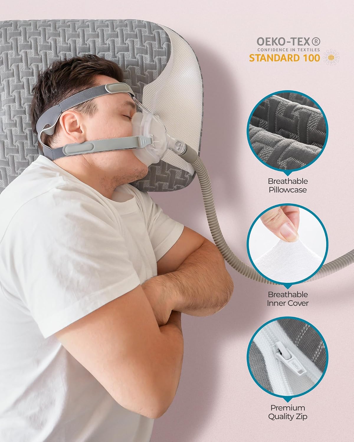Elviros CPAP Pillow for Side Sleeping, Sleep Apnea Memory Foam Pillow for All CPAP Masks Users to Reduce Air Leaks & Masks Pressure, Adjustable Height with Cooling Breathable Cover (Grey)