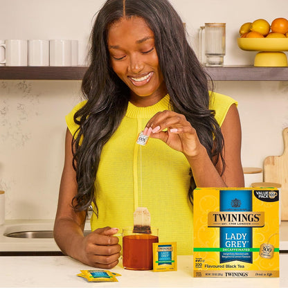 Twinings Decaffeinated Lady Grey Black Tea Individually Wrapped Bags, 100 Count (Pack of 1), Orange Peel & Lemon Peel, Fresh and Uplifting, Caffeinated, Enjoy Hot or Iced, 100 Teabags