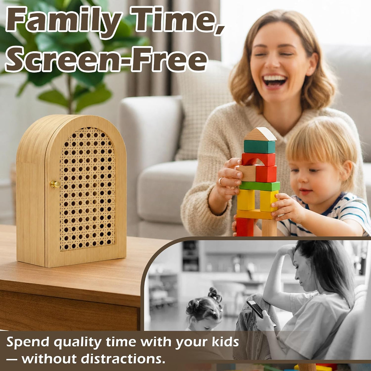 Bamboo Phone Box, Premium Cell Phone Box for Family Time, Cell Phone Jail with Charging Holes,Phone Lock Box Holds 6 Phones (Oak)