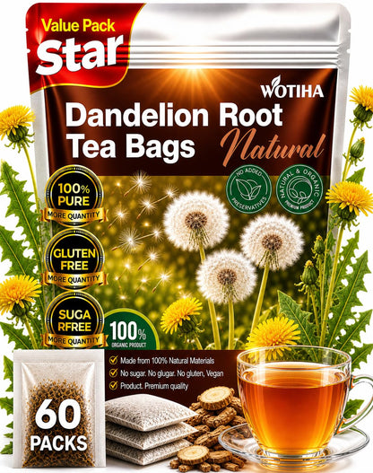 WOTIHA 60 Count Premium Dandelion Root Tea Bags - 100% Natural Roasted, Supports Liver & Kidney Health, Digestion & Immunity, Caffeine-Free, Additive-Free, Gluten-Free, Vegan.