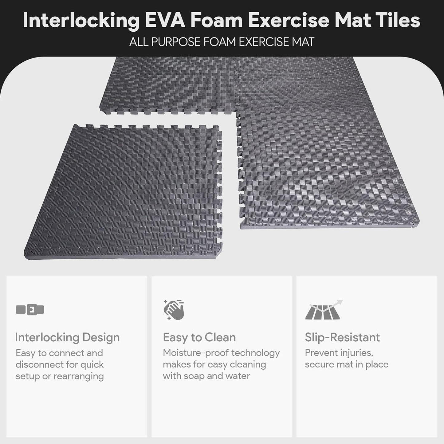 BalanceFrom Puzzle Exercise Mat 1/2" Thick, EVA Interlocking Foam Floor | Tiles for Home Gym, Mat for Home Workout Equipment, Floor Padding for Kids, Black, 24 in x 24 in x 1/2 in, 144 Sq Ft-36 Tiles