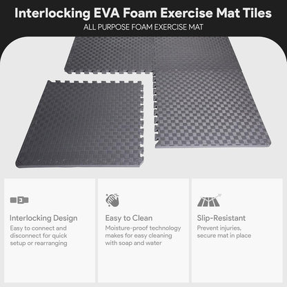 BalanceFrom Puzzle Exercise Mat 1/2" Thick, EVA Interlocking Foam Floor | Tiles for Home Gym, Mat for Home Workout Equipment, Floor Padding for Kids, Black, 24 in x 24 in x 1/2 in, 144 Sq Ft-36 Tiles