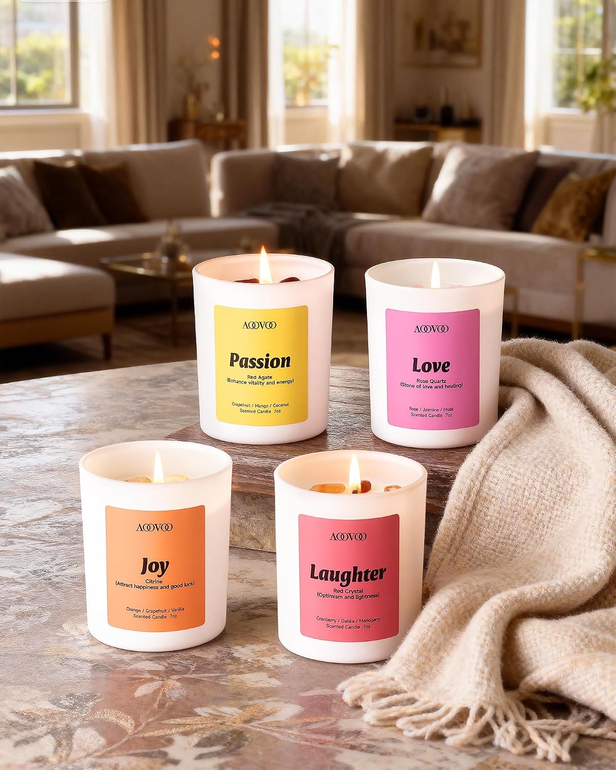 AOOVOO Calm Candles Set for Women - 4 Pack Candles for Home Scented, 28 oz 200 Hour Burn, Aromatherapy Candle with Crystals, Lavender Calm/Jasmine Serenity/Water Lily Pear Harmony/Patchouli Balance