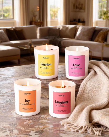 AOOVOO Calm Candles Set for Women - 4 Pack Candles for Home Scented, 28 oz 200 Hour Burn, Aromatherapy Candle with Crystals, Lavender Calm/Jasmine Serenity/Water Lily Pear Harmony/Patchouli Balance