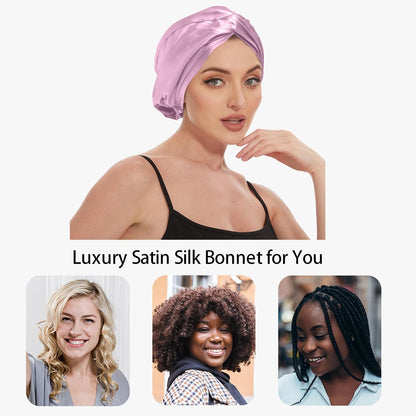 Adjustable Silk Satin Bonnet for Sleeping Hair Wrap, Double Layer Sleep Cap, Night Turban for Large Long Curly Braid Women Men Hair - Matcha Green