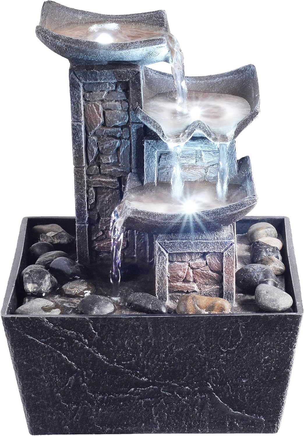 Tabletop Indoor Water Fountain – 3-Tier Rock Waterfall Fountain with Warm LED Light and DIY Planting Pot – Relaxing Small Water Feature for Desk or Home Decor (23061)