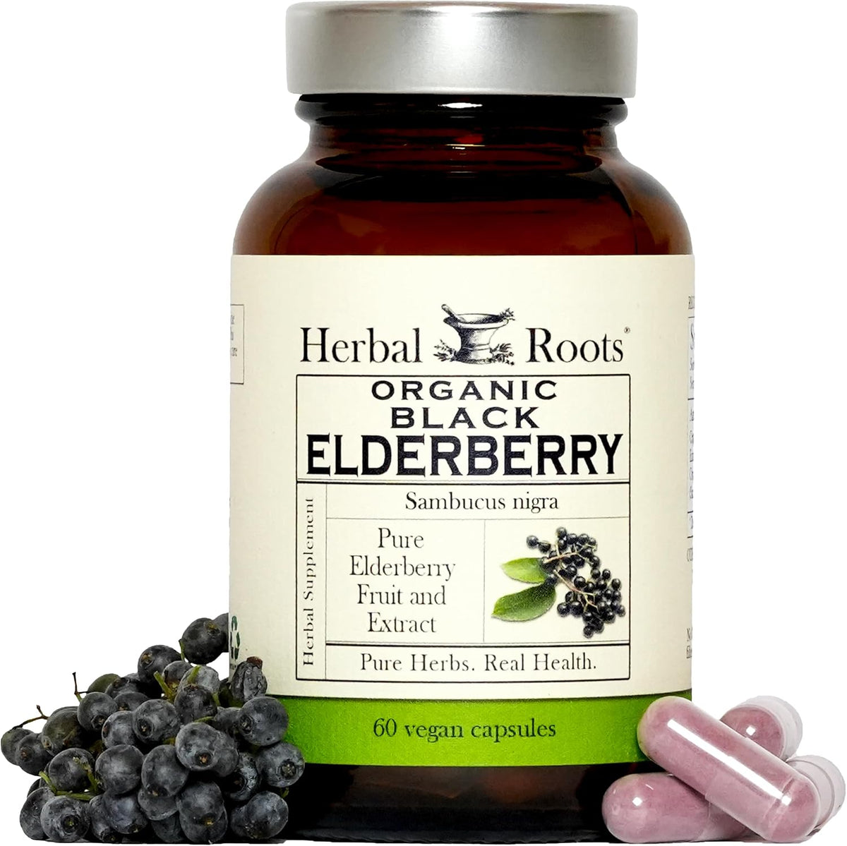 Herbal Roots Organic Black Elderberry Capsules - Max Strength - USDA Certified Organic - Immune Support - 60 Vegan Capsules