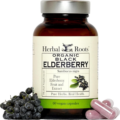 Herbal Roots Organic Black Elderberry Capsules - Max Strength - USDA Certified Organic - Immune Support - 60 Vegan Capsules