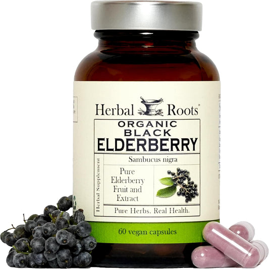 Herbal Roots Organic Black Elderberry Capsules - Max Strength - USDA Certified Organic - Immune Support - 60 Vegan Capsules