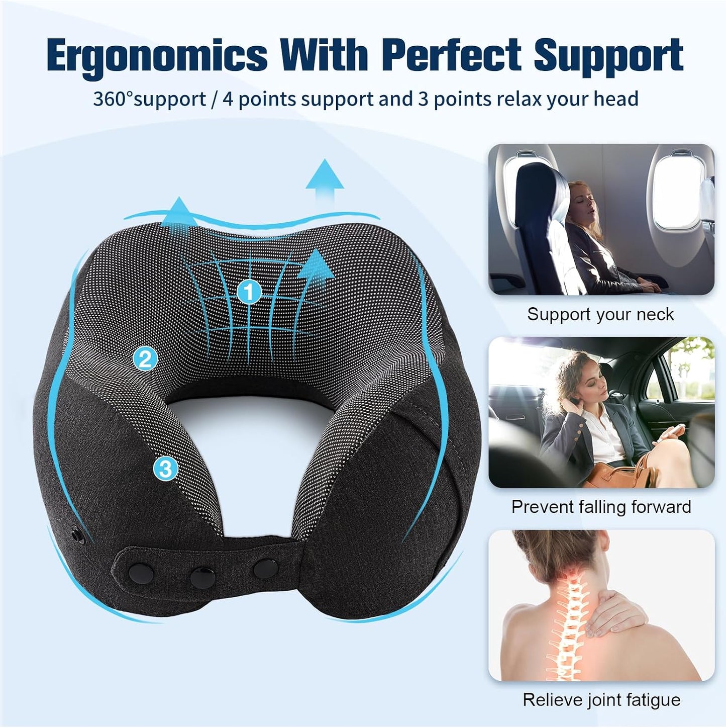 Cirorld Neck Pillow for Traveling, Travel Pillows for Airplanes,100% Pure Memory Foam Travel Neck Pillow, Adjustable Flight Pillow, Portable Plane Accessories with Eye Mask, Earplugs, Carry Bag