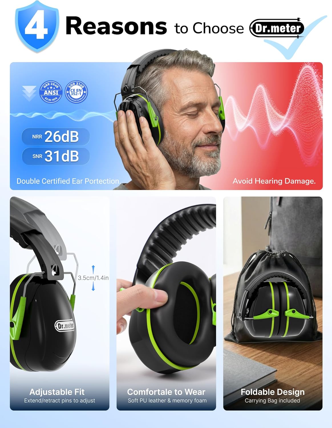 Dr.meter Ear Protection Ear Muffs, Noise Cancelling Headphones for Adults Kids 31dB Earmuffs for Noise Reduction, Hearing Protection for Shooting Gun Range, Mowing, Monster Jam, Sensory, Fireworks