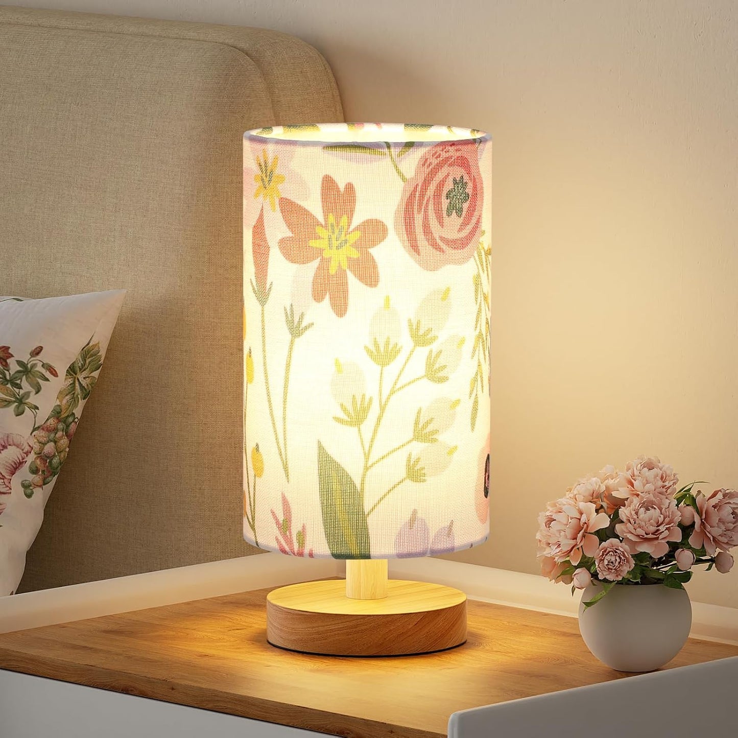 Fenmzee Small Table Lamp for Bedroom - Inline Control, Bedside Lamp with 3000K A15 LED Blub, Easy Assembly (Cream Shade - Wood Base, 9" Inline Control)
