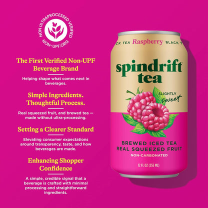 Spindrift Brewed Iced Tea, Raspberry Black Tea, Made with Real Squeezed Fruit, No Carbonation, Slightly Sweet, 12 Fl Oz Cans, Pack of 12 (Only 46 Calories per Can)