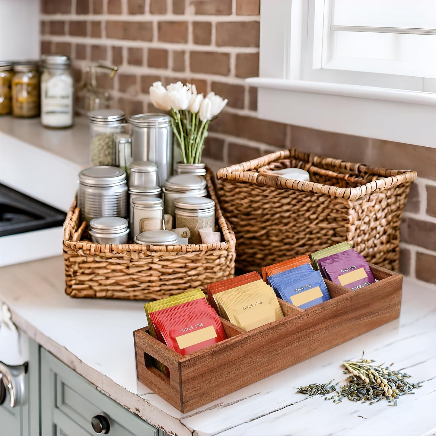 Acacia Wood Tea Bag Organizer with 4 Slots – Tea Bag Holder and Tea Organizer, Sugar Packet Storage for Countertops