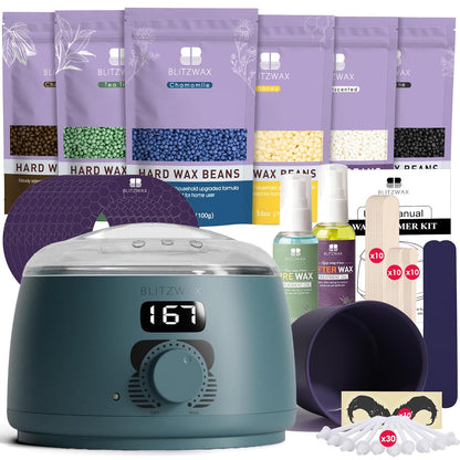 BLITZWAX Brazilian and Bikini Waxing Kit for Women, Hard Wax Warmer for Face, Legs and Body, At Home Hair Removal Kit, Beginner Friendly, Digital Fast Heating, 51 Wax Items