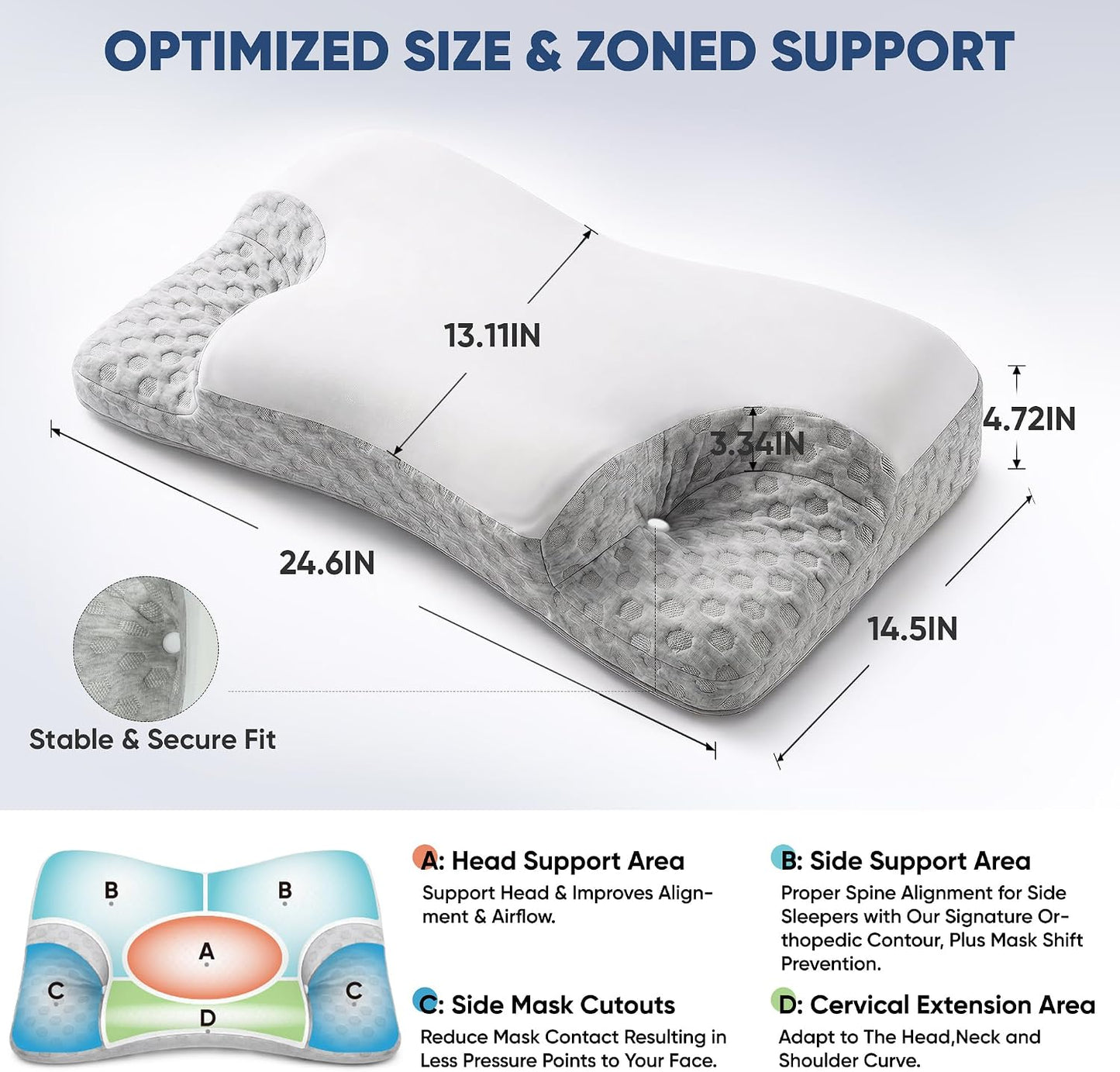CPAP Pillow for Side, Back & Stomach Sleepers, Adjustable Cervical Memory Foam Neck Pillow with Cooling Cover & Mask Cutouts, Ergonomic CPAP Bed Pillow to Reduce Air Leaks & Mask Pressure
