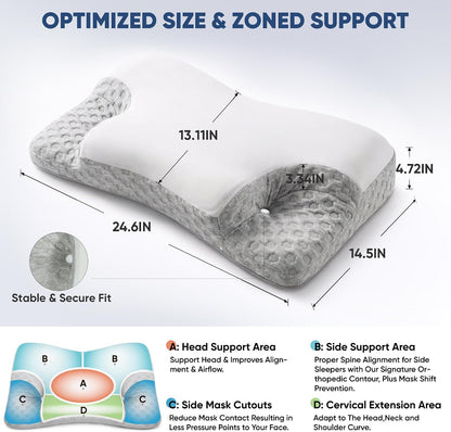 CPAP Pillow for Side, Back & Stomach Sleepers, Adjustable Cervical Memory Foam Neck Pillow with Cooling Cover & Mask Cutouts, Ergonomic CPAP Bed Pillow to Reduce Air Leaks & Mask Pressure