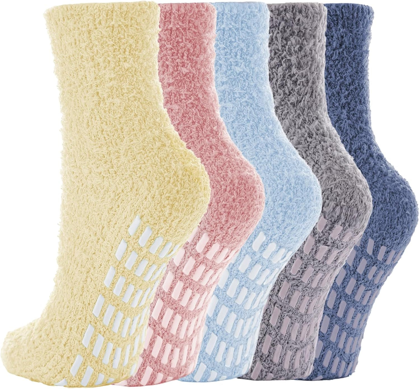 5 Pairs Fuzzy Socks with Grips for Women, Non Slip Cozy Fluffy Soft Socks, Winter Sleep Slipper Hospital