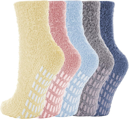 5 Pairs Fuzzy Socks with Grips for Women, Non Slip Cozy Fluffy Soft Socks, Winter Sleep Slipper Hospital