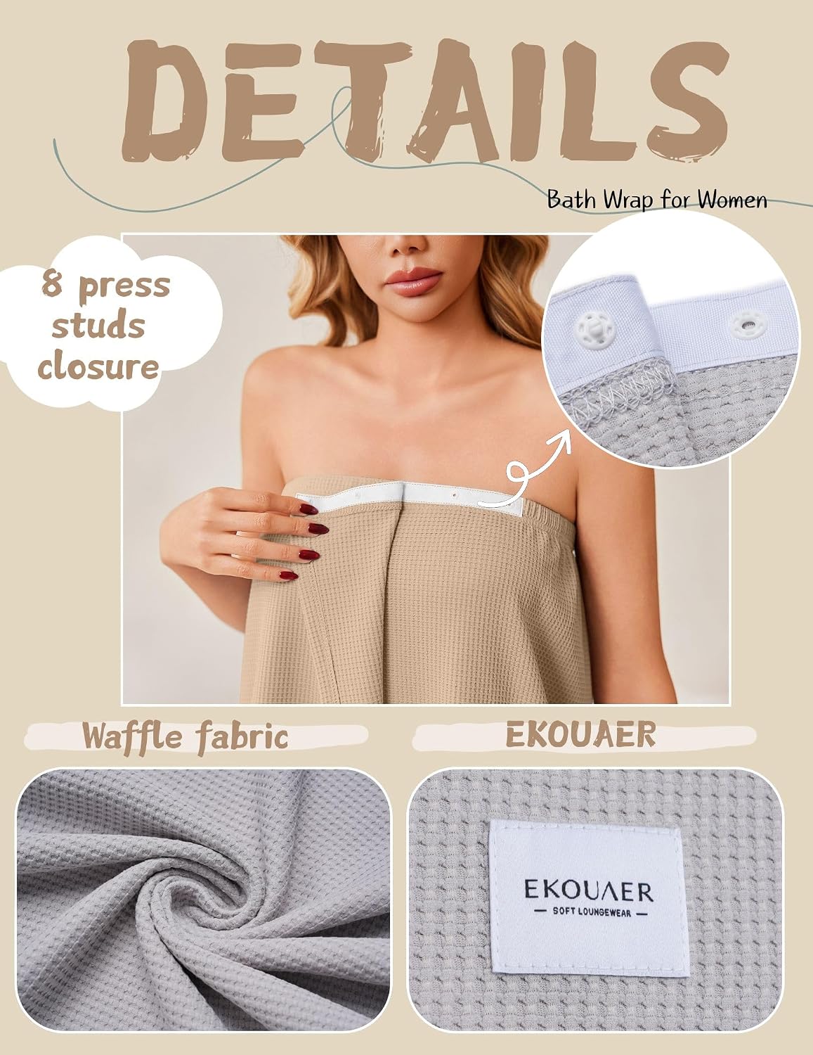 Ekouaer Waffle Robes Towel Wrap for Women Bath Wrap Lightweight Spa Robe