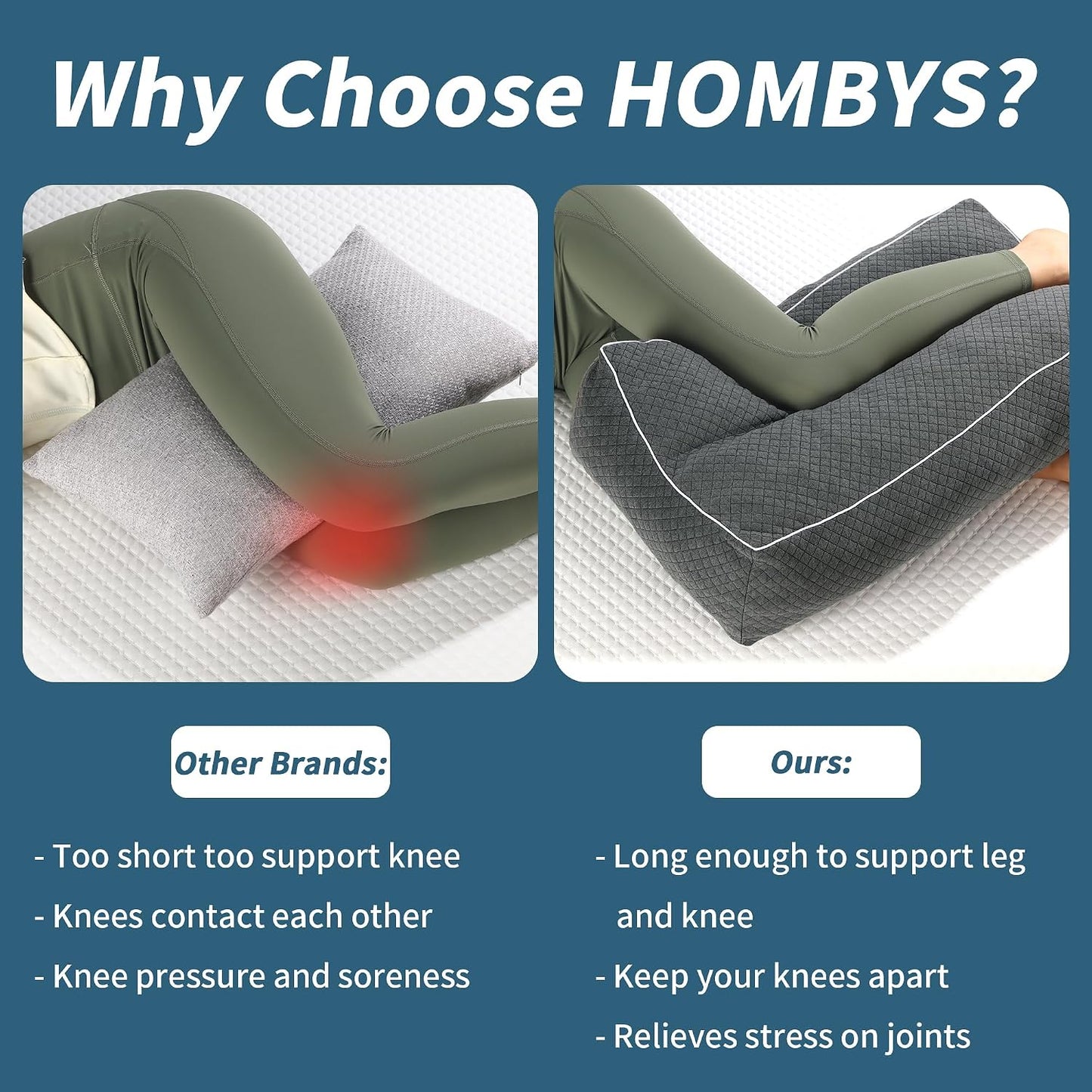 HOMBYS Shredded Memory Foam Knee Pillow for Side Sleepers, 6.5" Height Pillow Between Legs for Aligns Spine & Relieves Pressure Hip & Leg Elevation, Supportive Pillow for Pregnancy, Sciatica, White