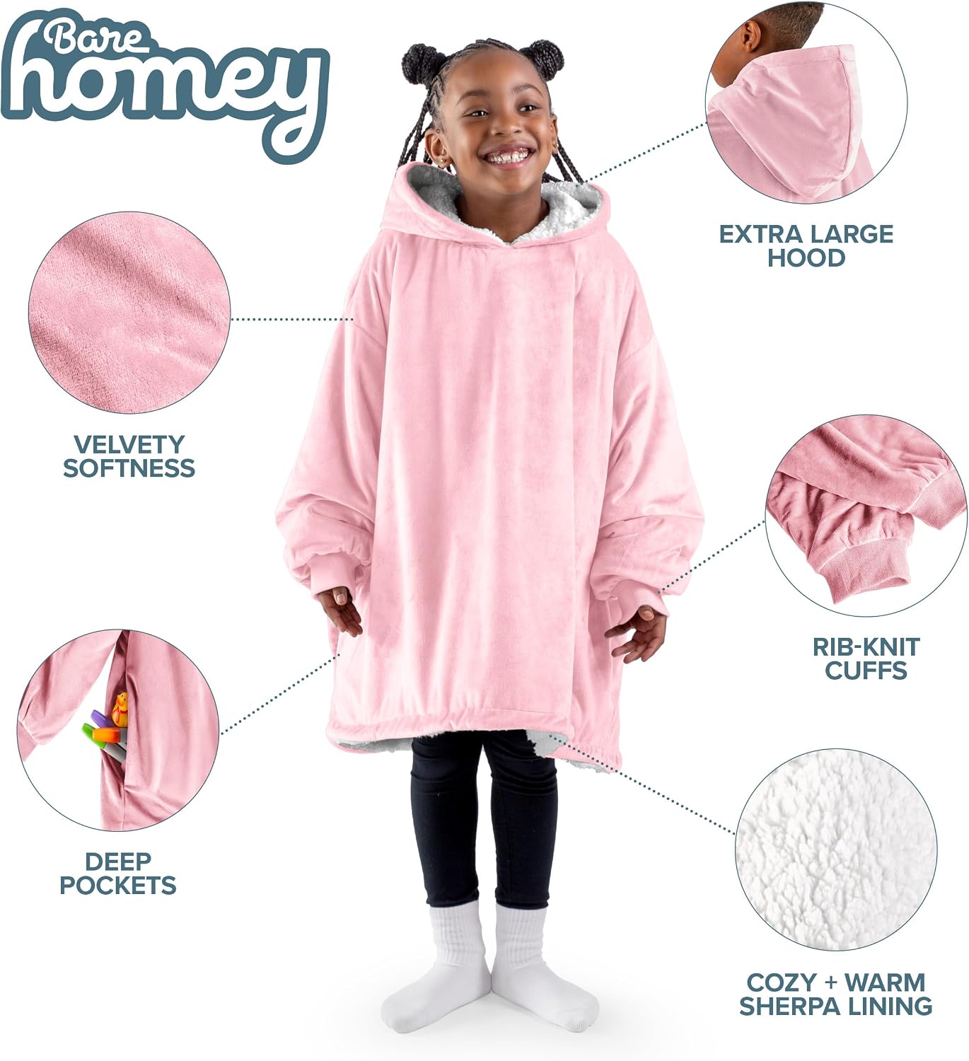 Bare Home Wearable Blanket Hoodie - Soft Plush Sherpa - Warm and Cozy - Oversized Wearable Blanket