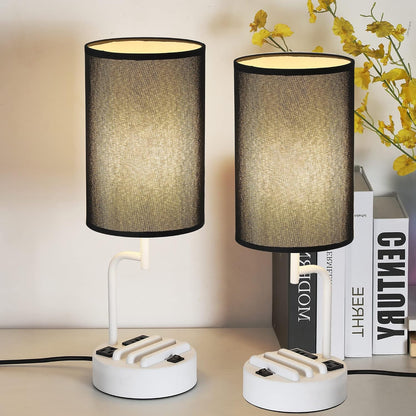Dreamholder Table Lamp with 3 USB Charging Ports, Modern Desk Lamp with AC Outlet and Phone Stands, Perfect Bedside Lamp for Bedroom, Living Room, Office (Pack of 2), Cream