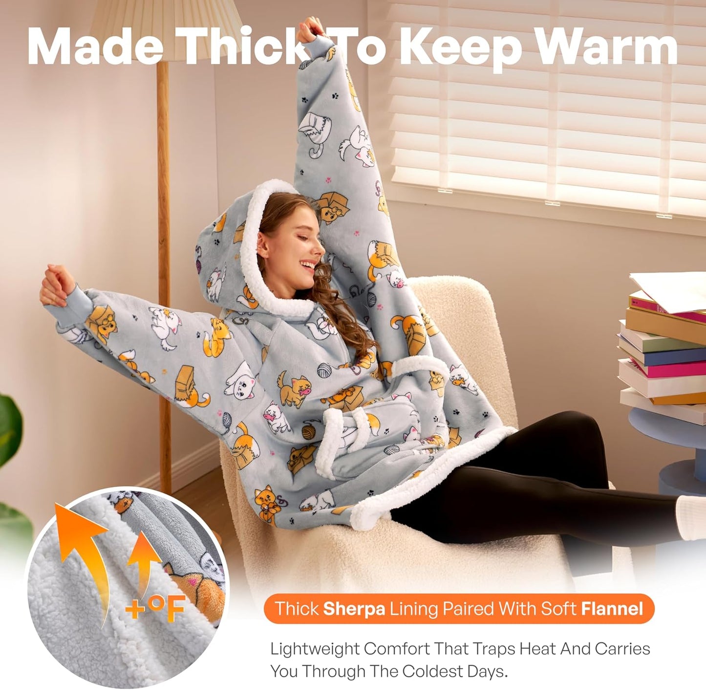 Giggling Getup Wearable Blanket Hoodie for Adults Gifts for Teen Girls Sister Women Sherpa Fleece Printed Hooded Blanket Sweatshirt Warm Cozy with Pocket & Sleeves Beige Cat