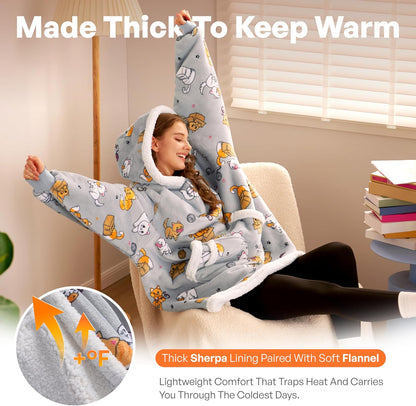 Giggling Getup Wearable Blanket Hoodie for Adults Gifts for Teen Girls Sister Women Sherpa Fleece Printed Hooded Blanket Sweatshirt Warm Cozy with Pocket & Sleeves Beige Cat