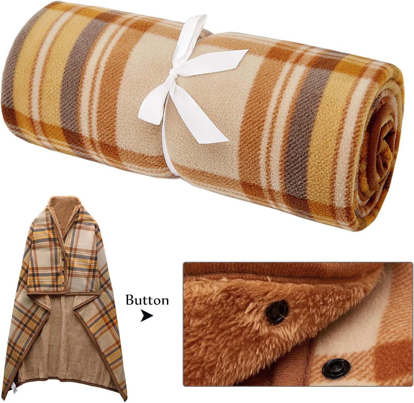 forestfish Fleece Wearable Blanket, Plaid Lap Blanket Comfy Poncho Throw with Buttons for Bed Sofa Office, Grey-White