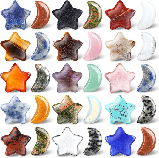 Nuenen 30 Pcs Worry Stones Bulks Moon Star Shaped Crystals Gifts for Mother Gemstone Star Bulks Palm Moon Hand Carved Thumb Stones for DIY Witchcraft Supplies Wedding Decor(Elegant Colors)