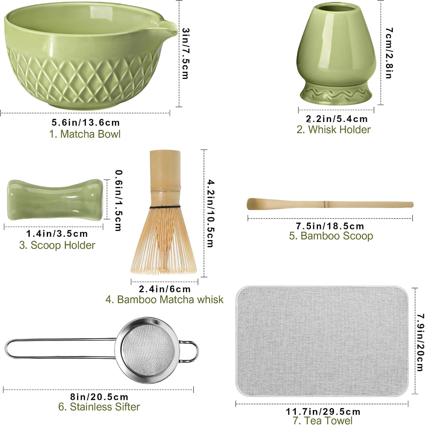 Matcha Whisk Set, 7 Pcs Matcha Kit, Ceramic Matcha Set Includes Matcha Bowl with Spout, Matcha Whisk and Holder, Bamboo Scoop, Scoop Rest, Sifter and Tea Towel (Ceramic White)